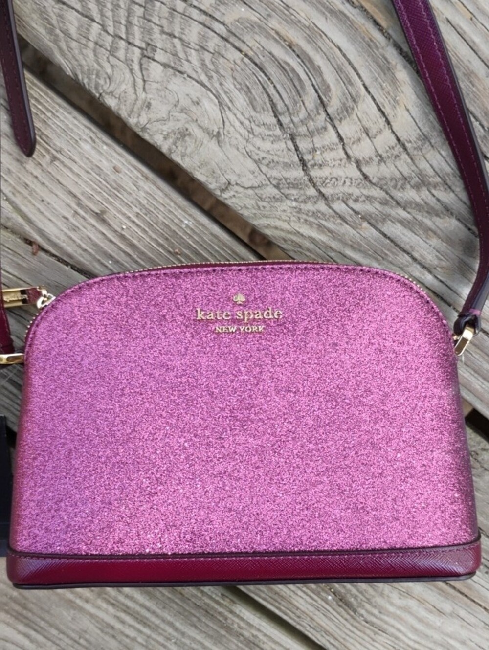 kate spade NWT $249 Deep Berry Glittery Fabric Tinsel Dome Crossbody Bag - Picture 4 of 11